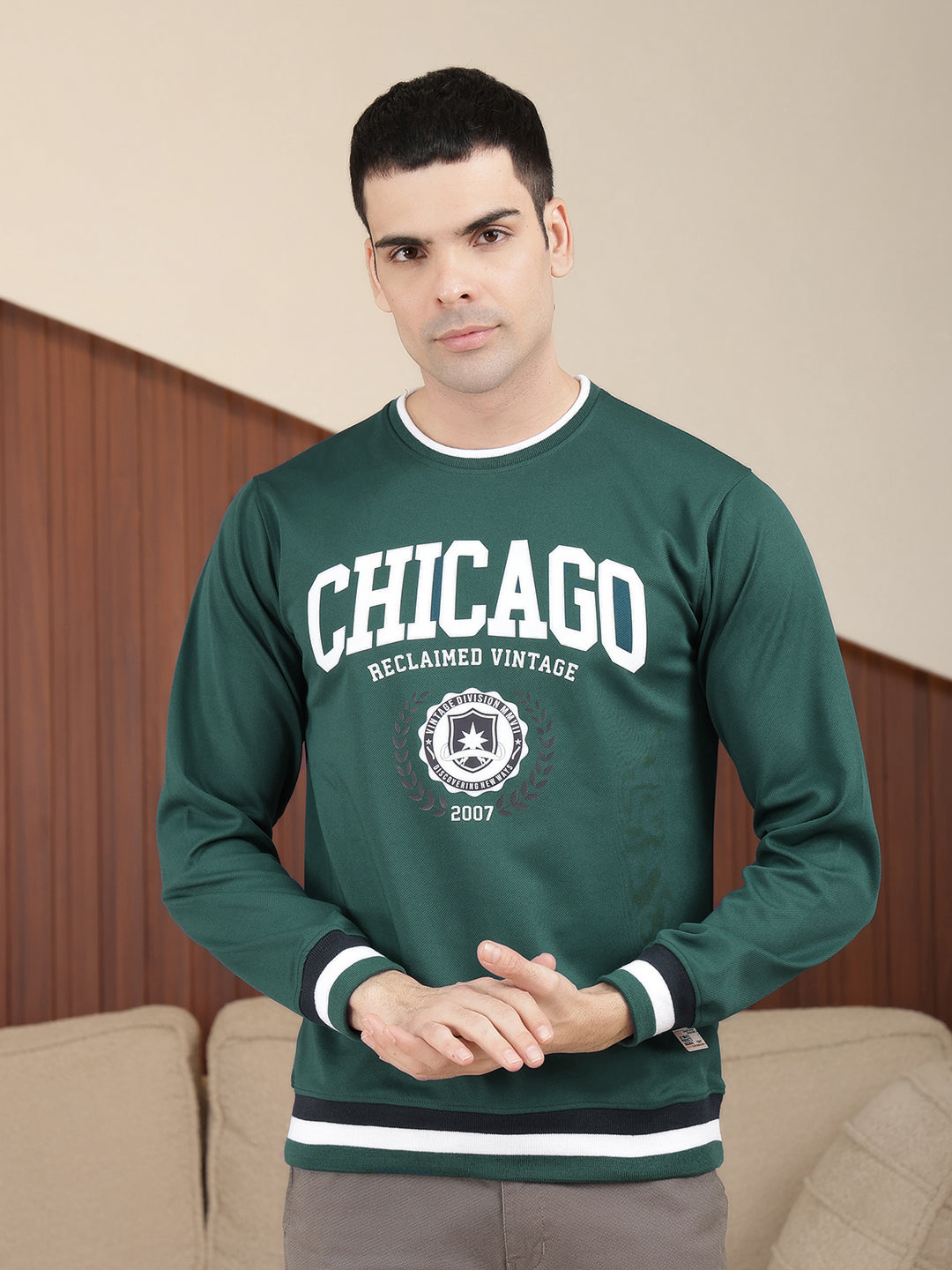 COBB GREEN PRINTED ROUND NECK FULL SLEEVE T-SHIRT