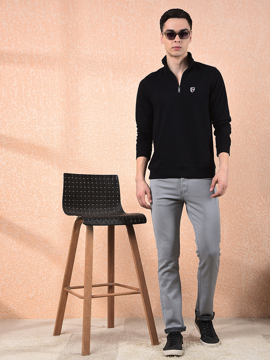 COBB BLACK SELF-DESIGN FULL-SLEEVE T-SHIRT