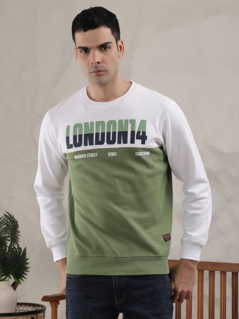 cobb green white printed round neck full sleeve t-shirt