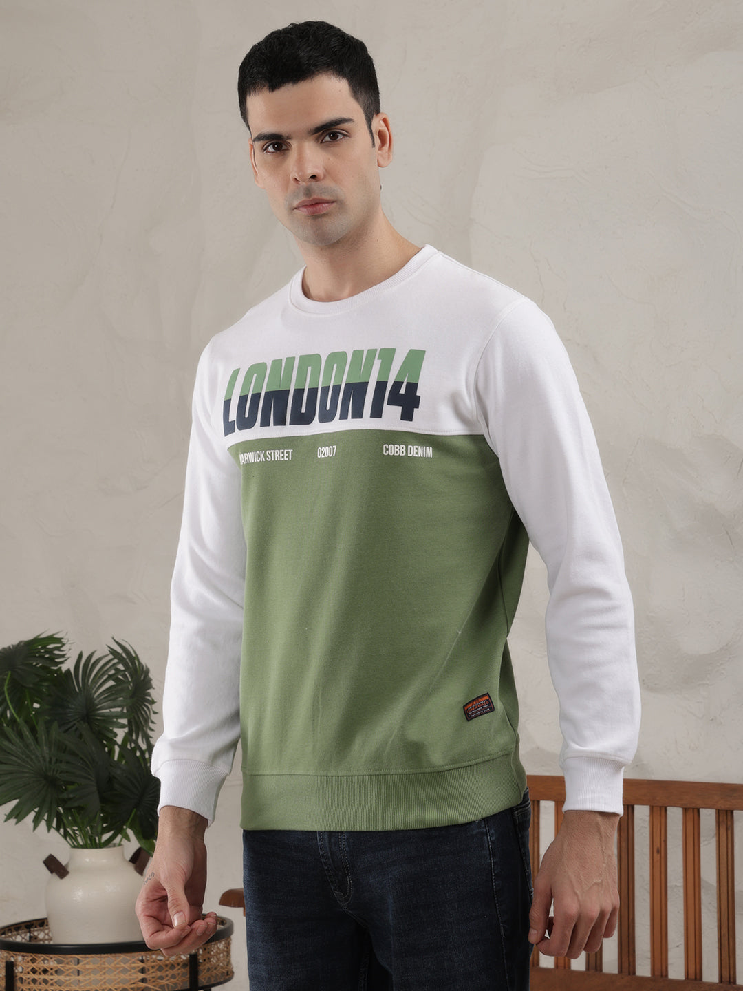 COBB GREEN WHITE PRINTED ROUND NECK FULL SLEEVE T-SHIRT