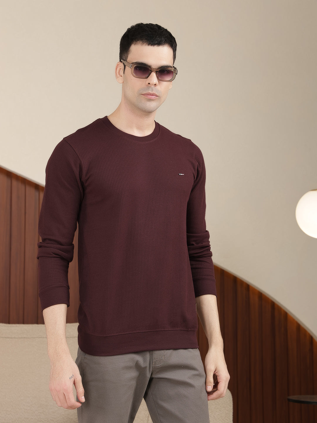 cobb solid wine round neck full sleeve t-shirt