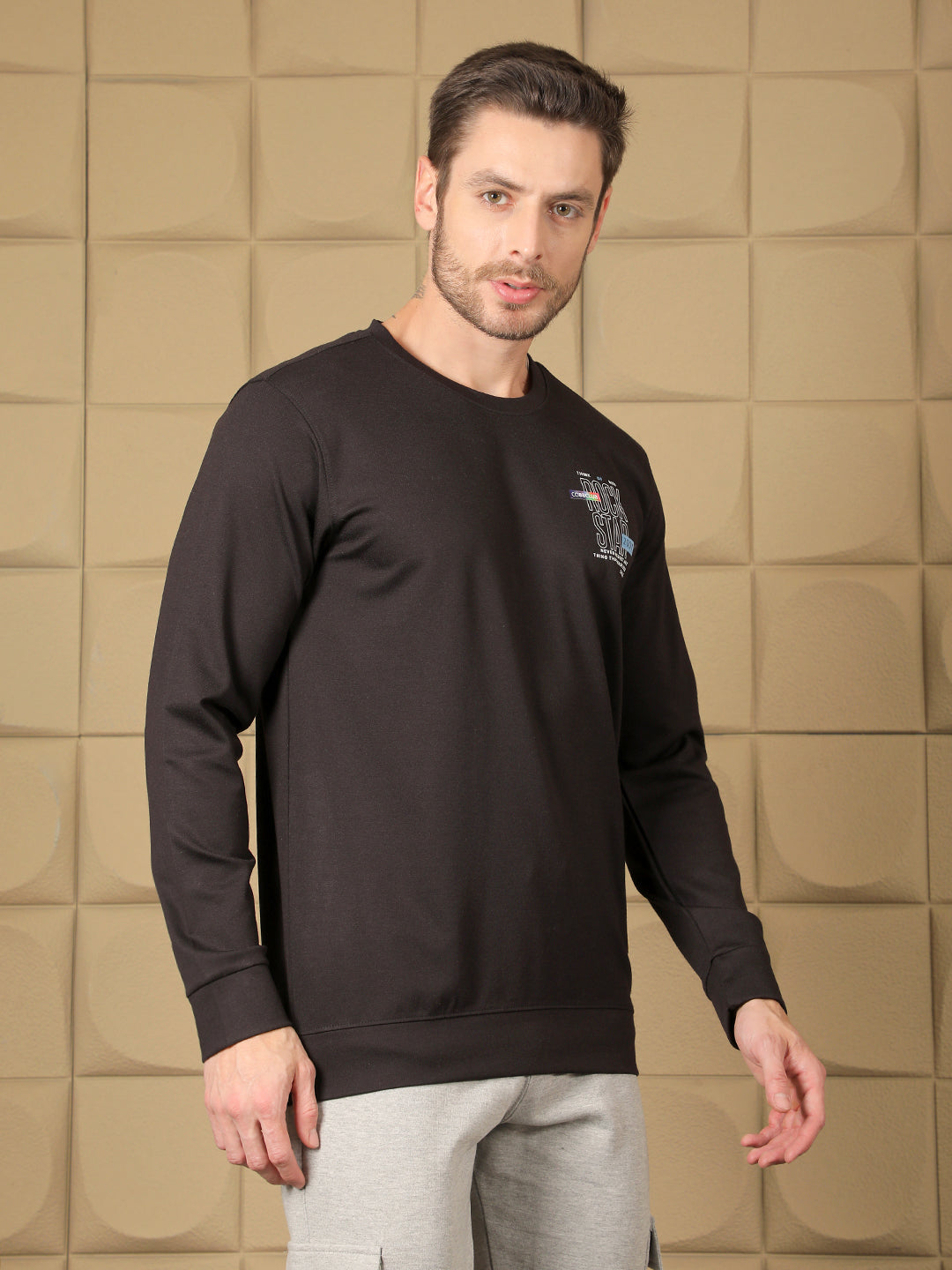 COBB BLACK PRINTED ROUND NECK FULL SLEEVE T-SHIRT