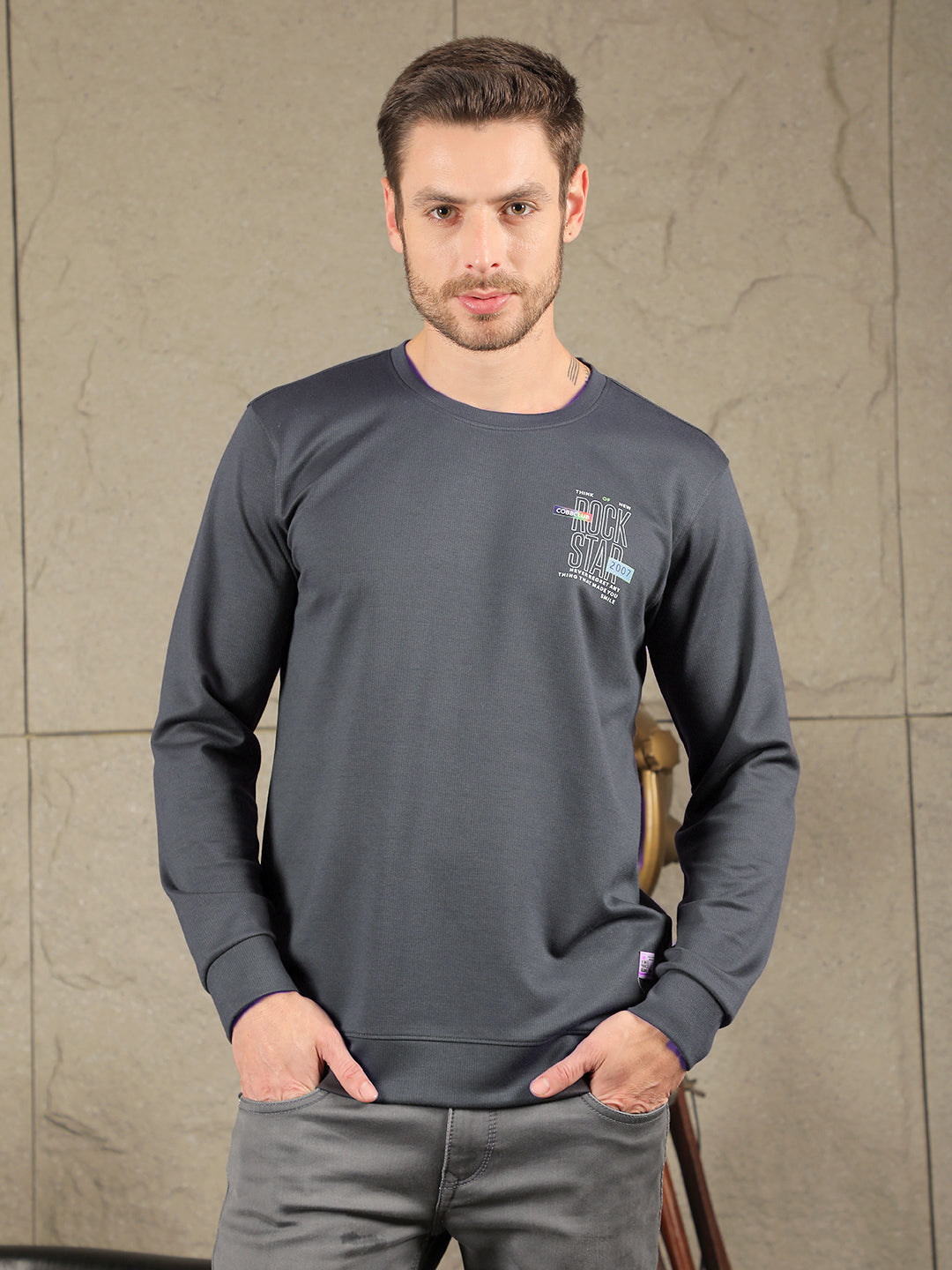 cobb dark grey printed round neck full sleeve t-shirt