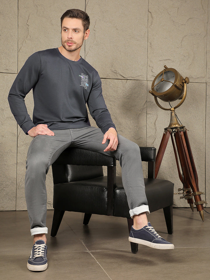 COBB DARK GREY PRINTED ROUND NECK FULL SLEEVE T-SHIRT