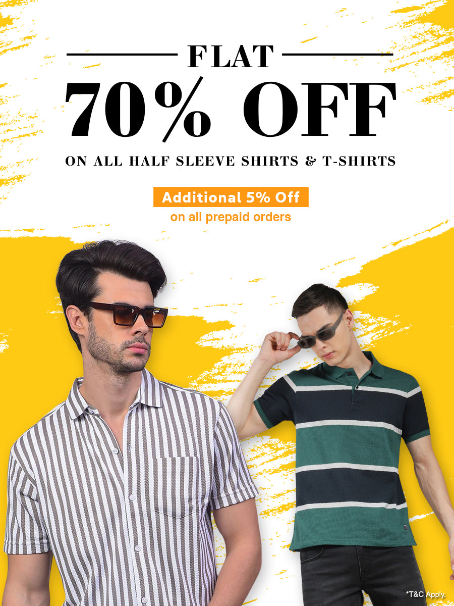 Flat 70% off on all t-shirts and half-sleeve shirts