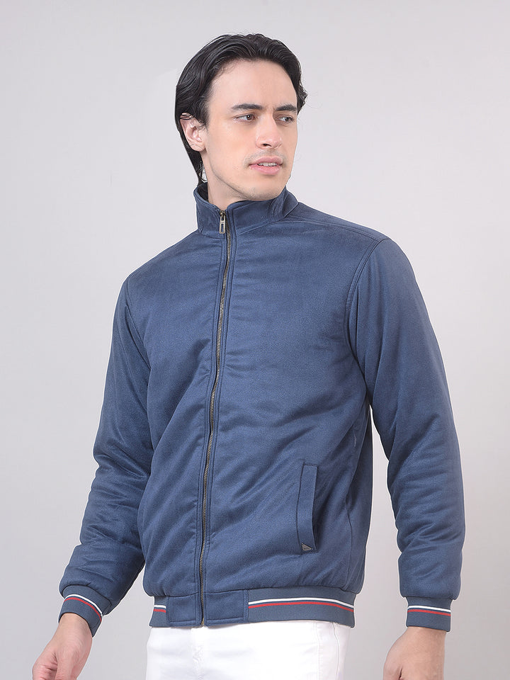 Blue Solid Stand Collar Jacket