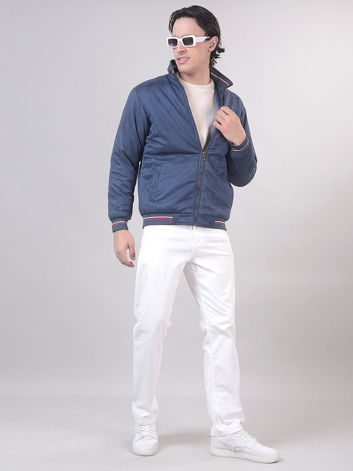 Blue Solid Stand Collar Jacket