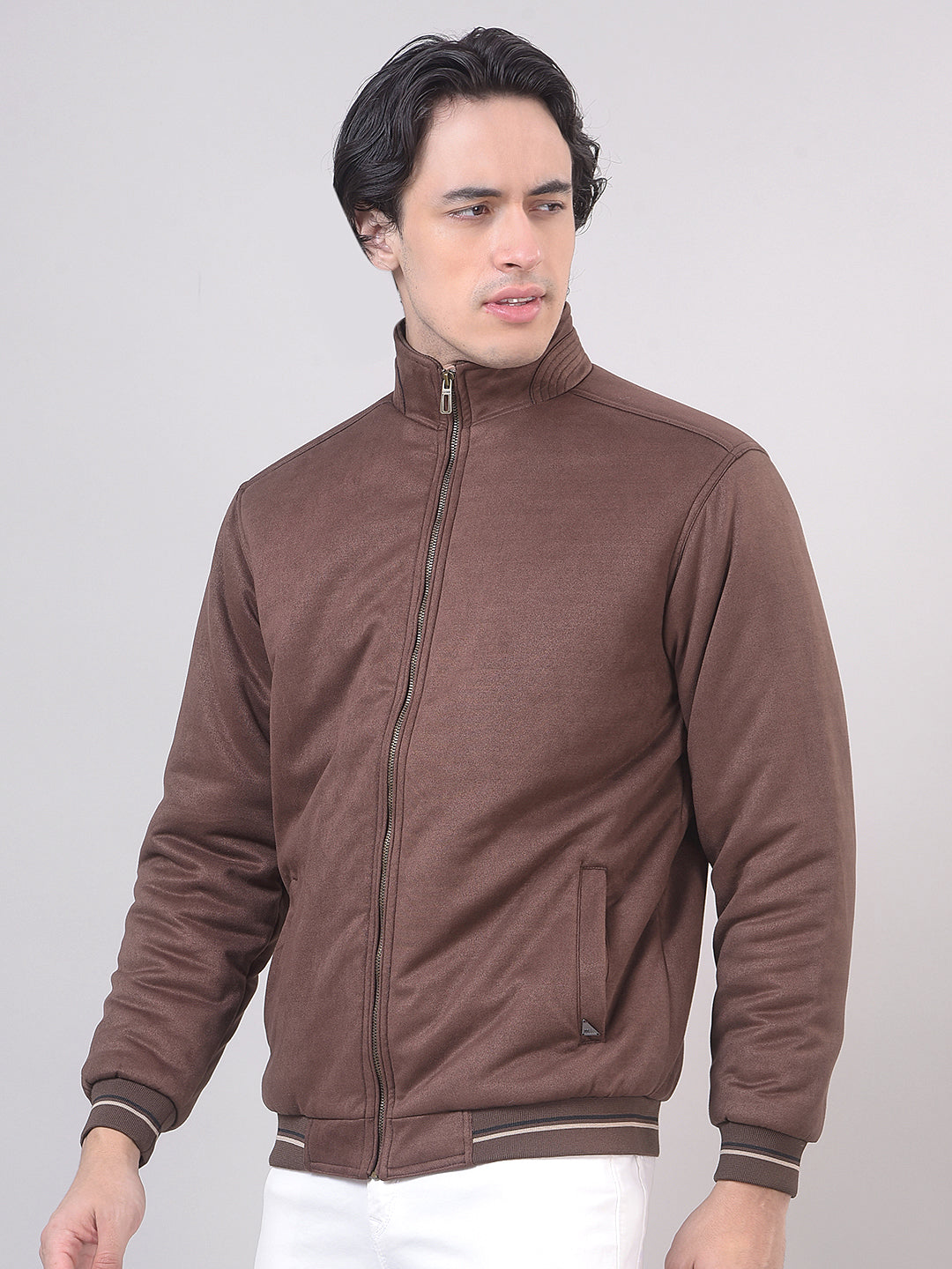 Coffee Solid Stand Collar Jacket