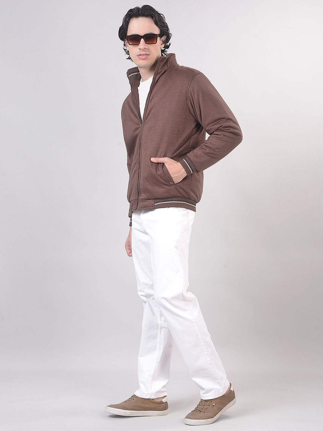 Coffee Solid Stand Collar Jacket