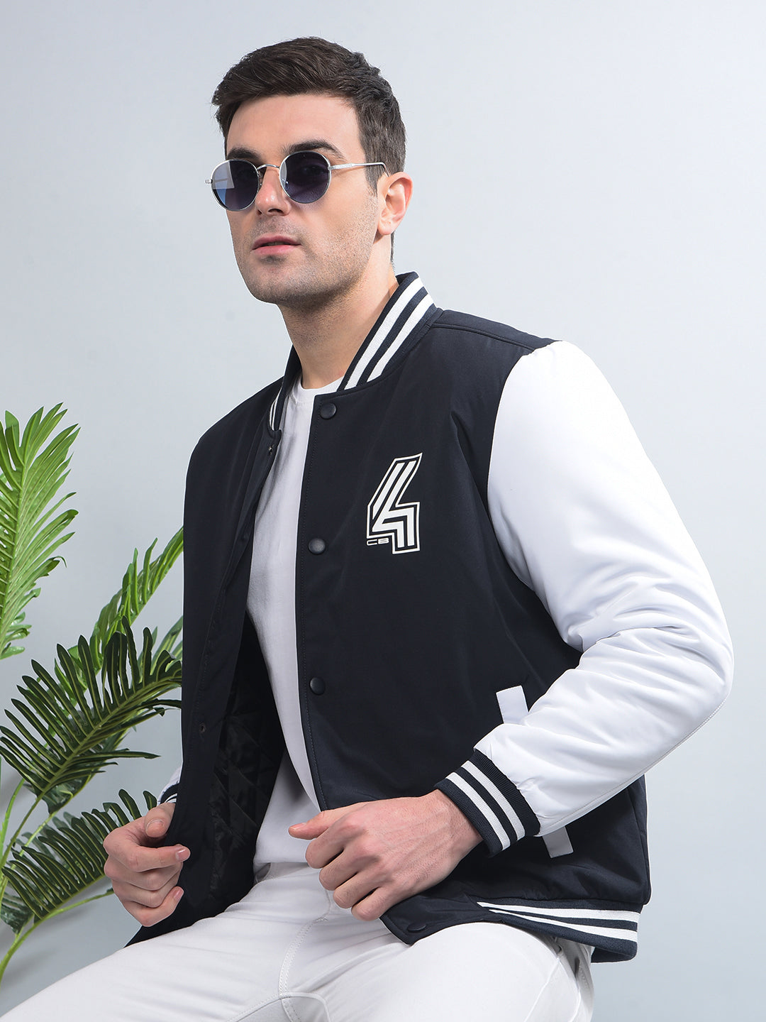 cobb navy blue printed varsity jacket