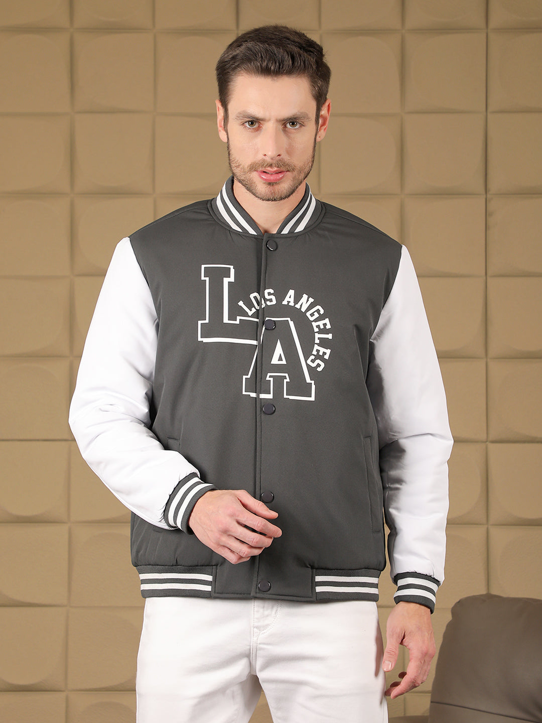 cobb grey printed full sleeves varsity jacket