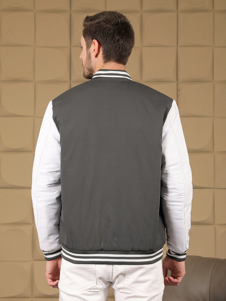 cobb grey printed full sleeves varsity jacket