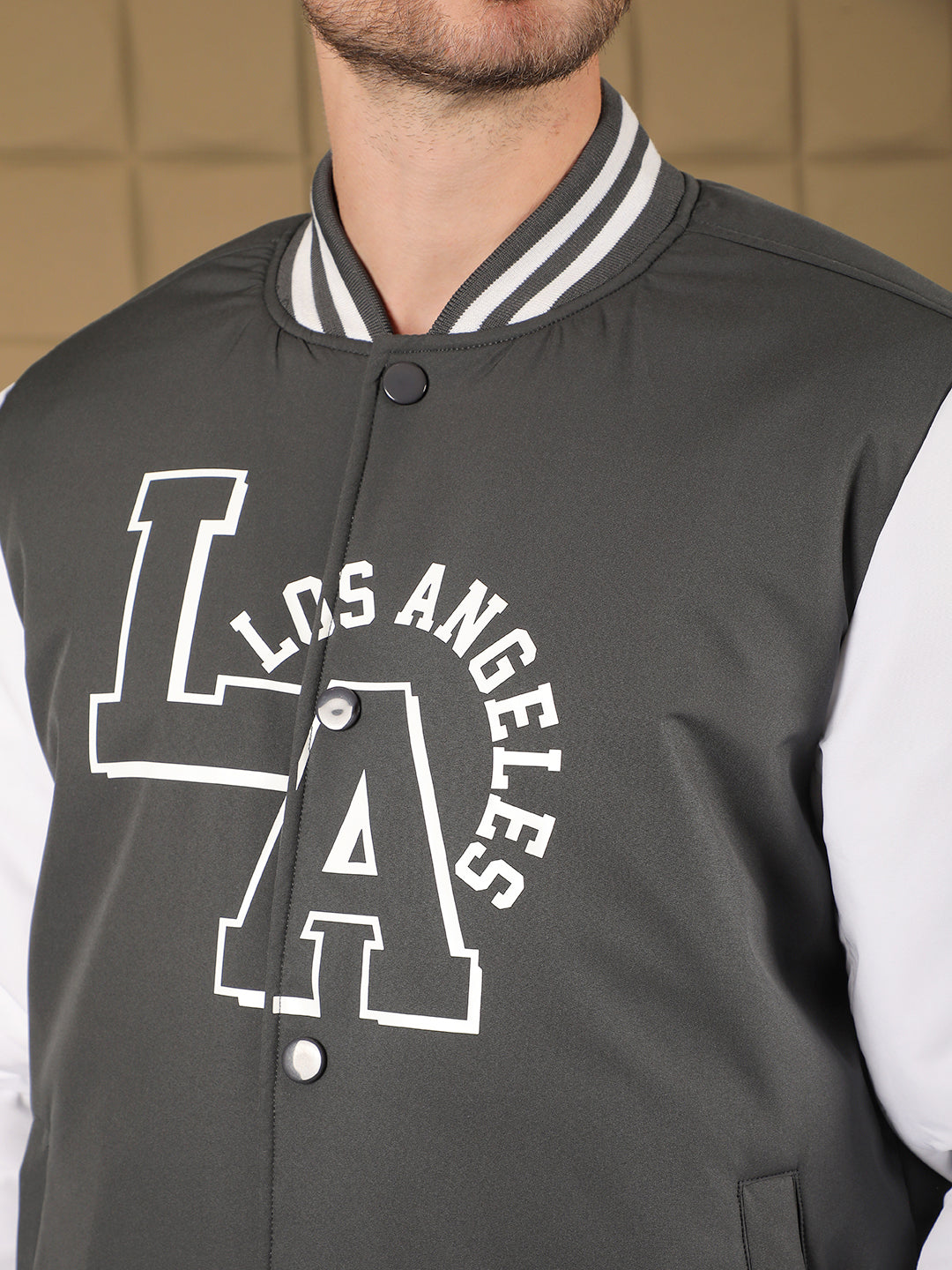 cobb grey printed full sleeves varsity jacket