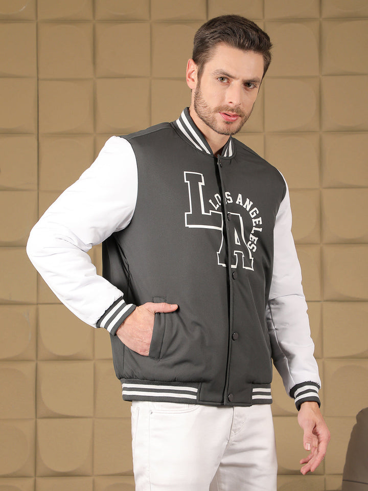 COBB GREY PRINTED FULL SLEEVES VARSITY JACKET