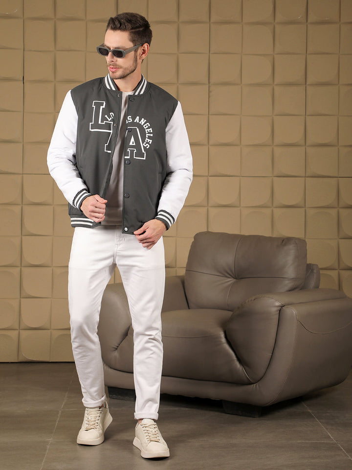 COBB GREY PRINTED FULL SLEEVES VARSITY JACKET