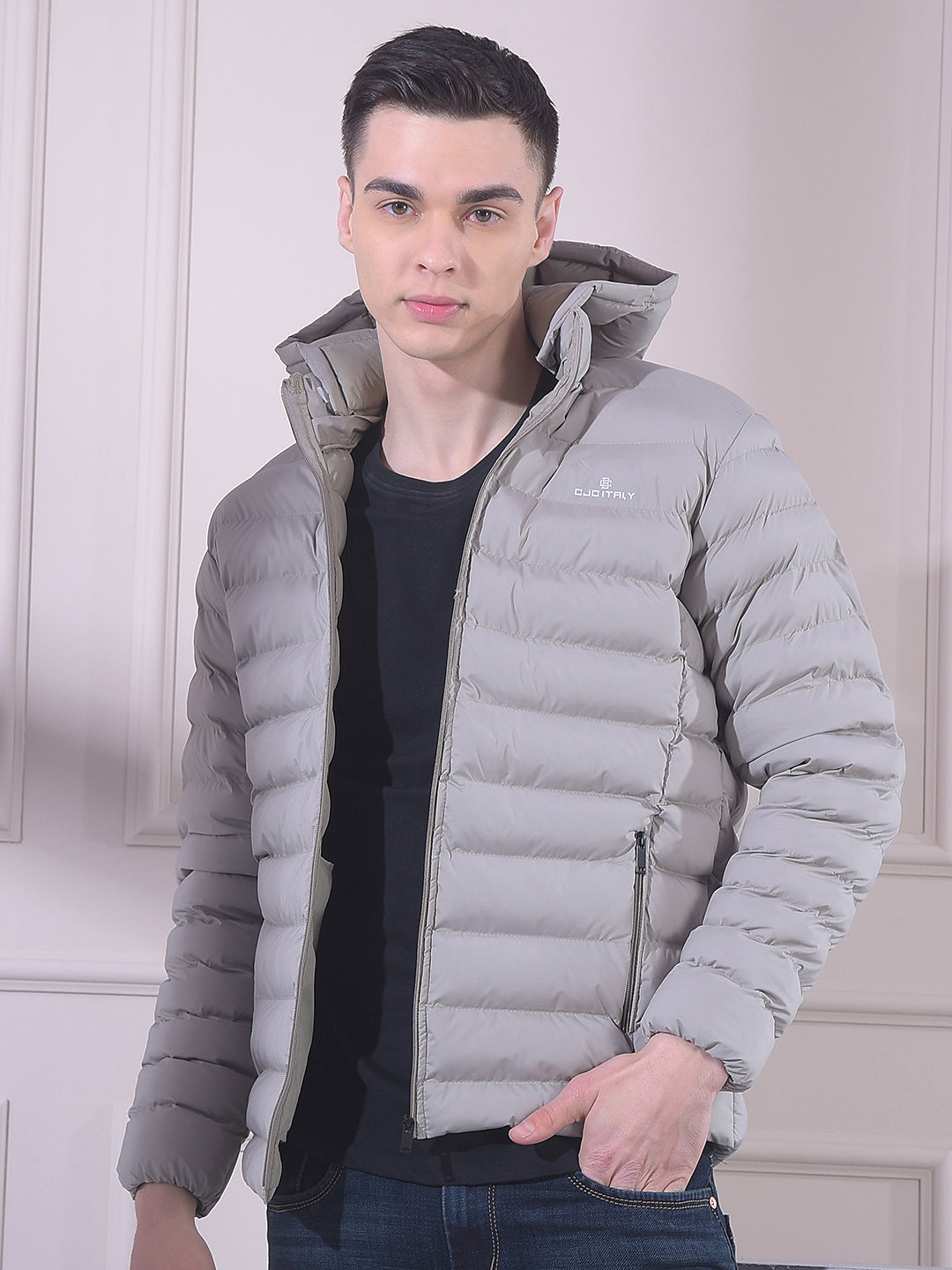 cobb solid beige hooded puffer jacket