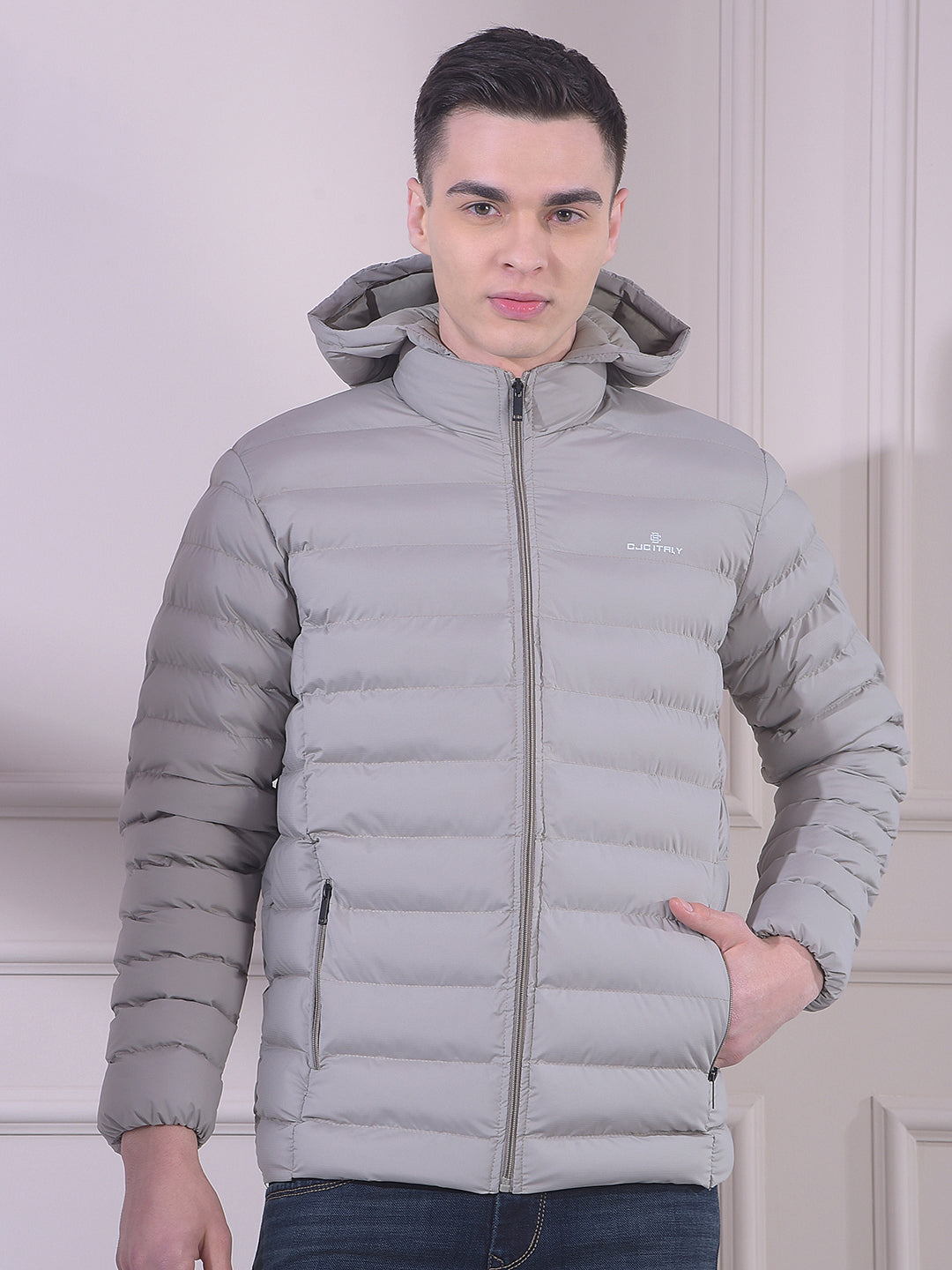 cobb solid beige hooded puffer jacket