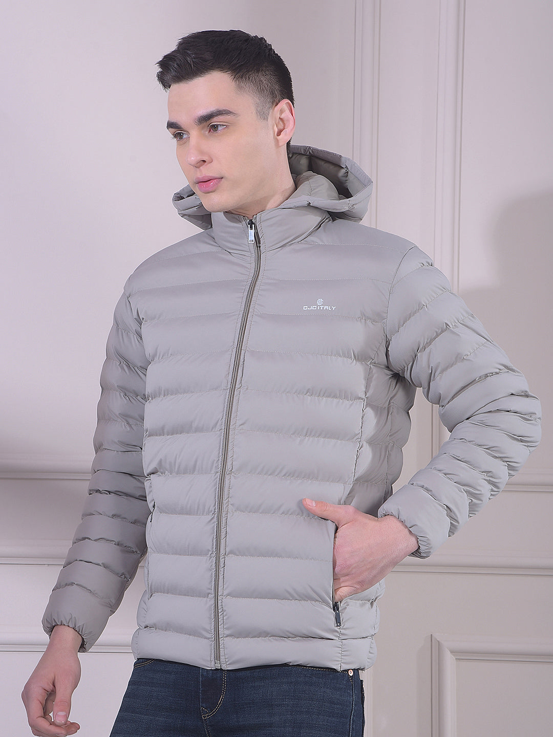 cobb solid beige hooded puffer jacket