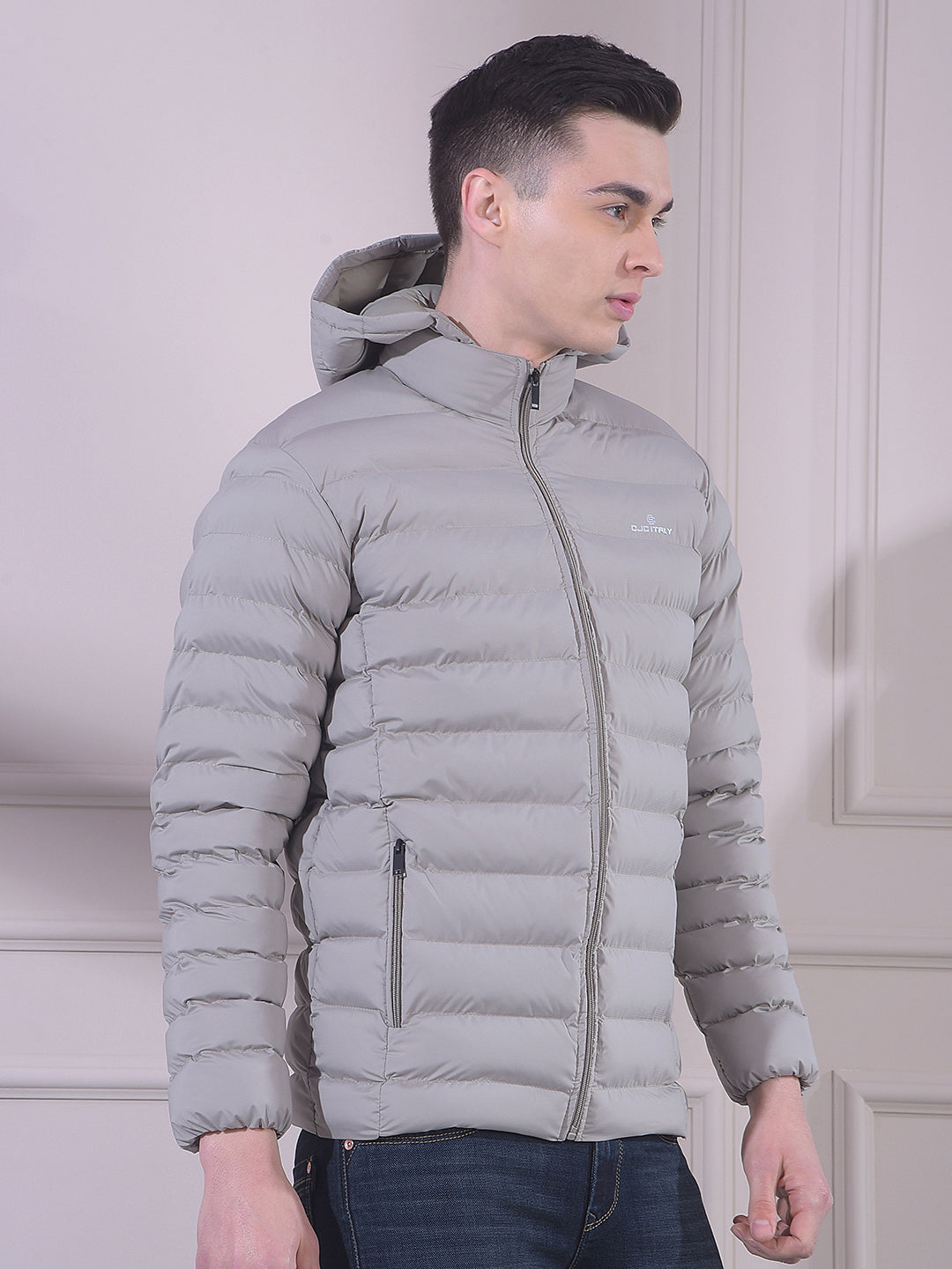 COBB SOLID BEIGE HOODED PUFFER JACKET