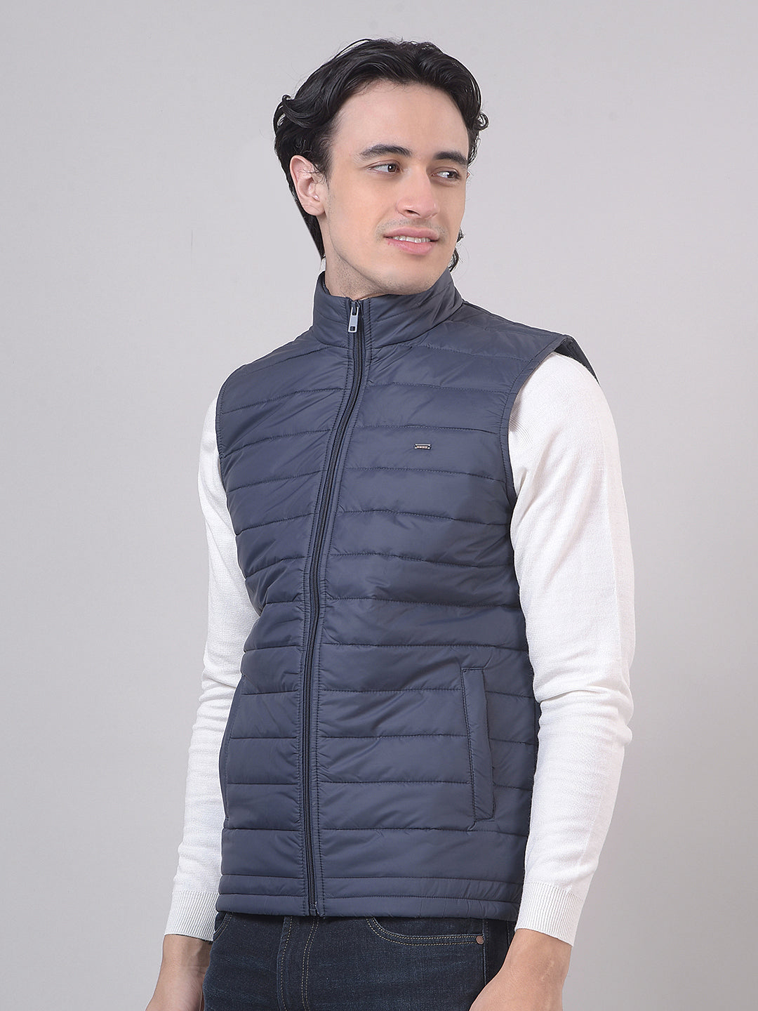 Dark Blue Solid Sleeveless Jacket
