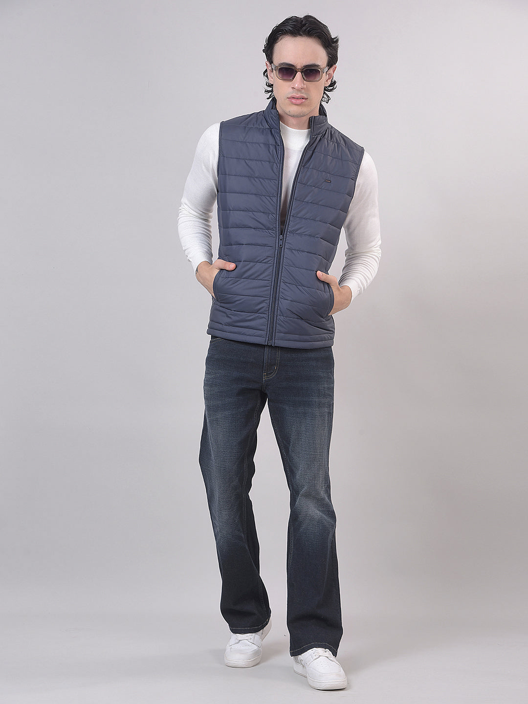 Dark Blue Solid Sleeveless Jacket