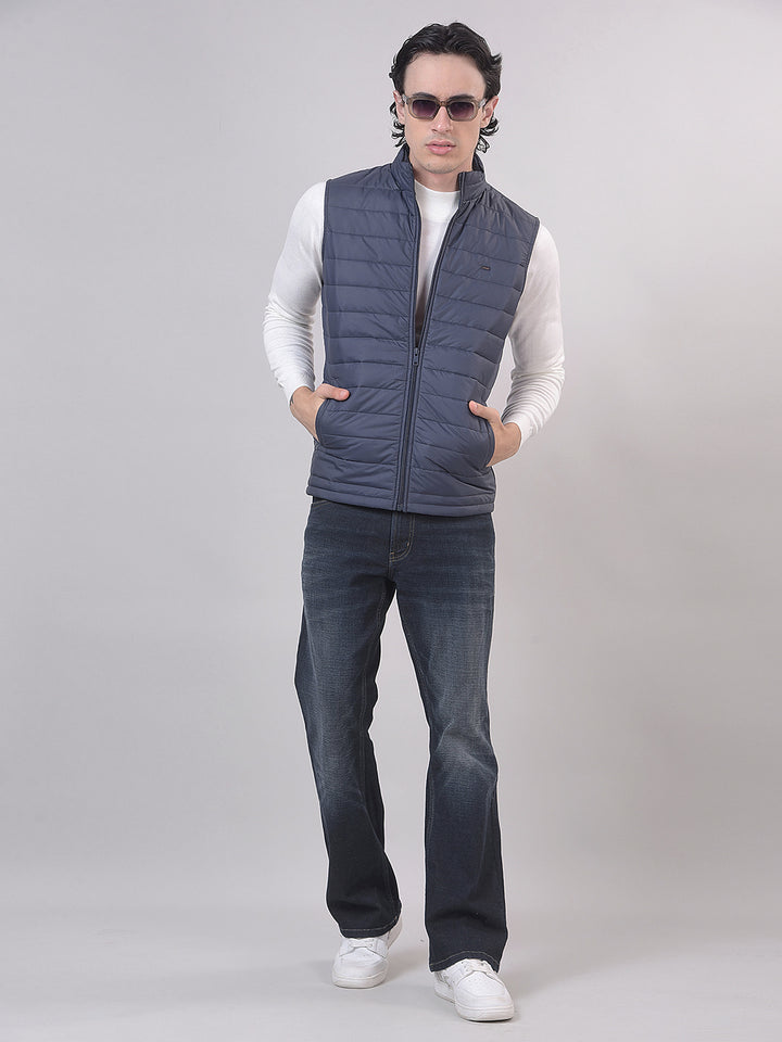 Dark Blue Solid Sleeveless Jacket