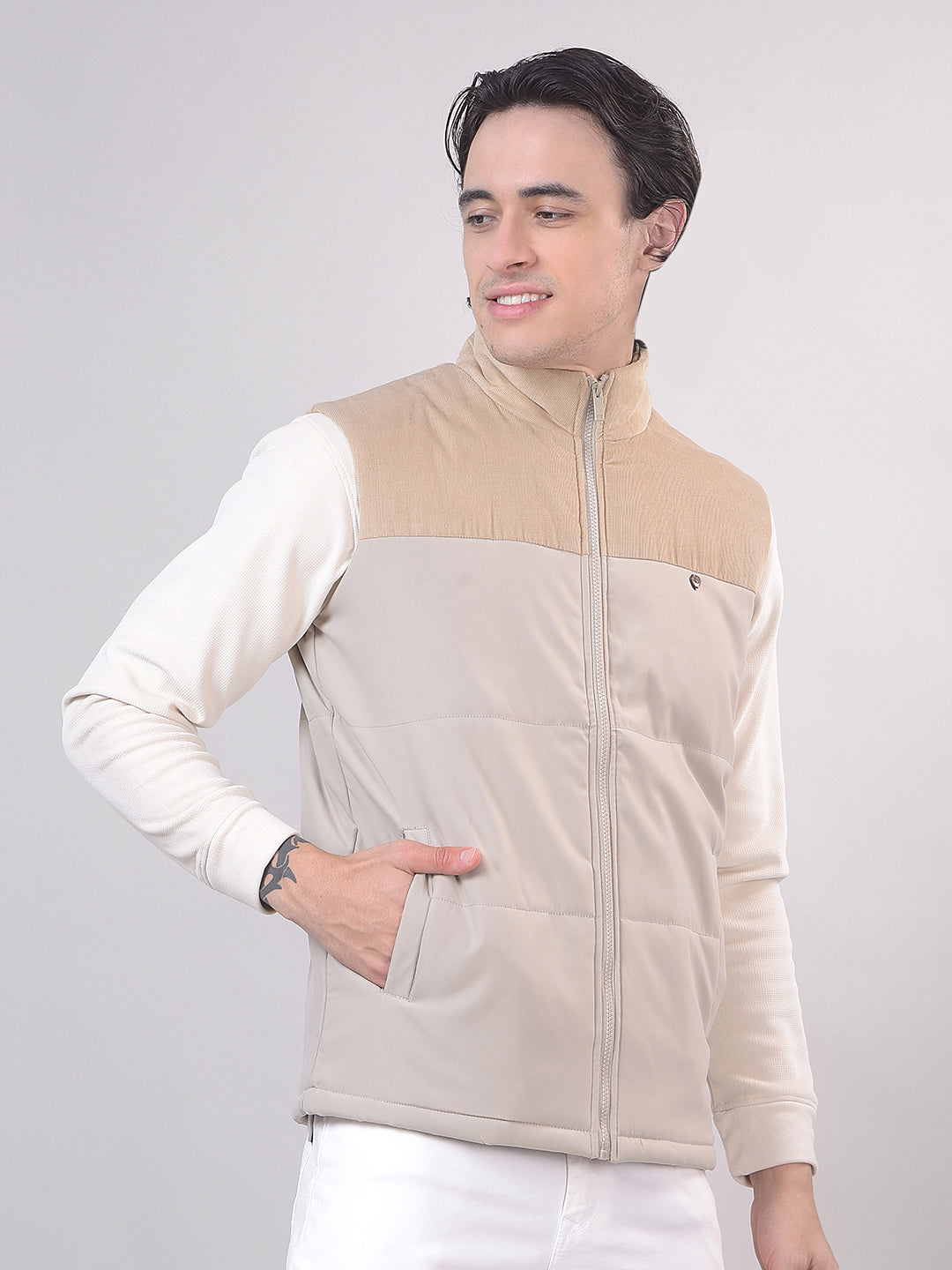Beige Color-Block Sleeveless Jacket