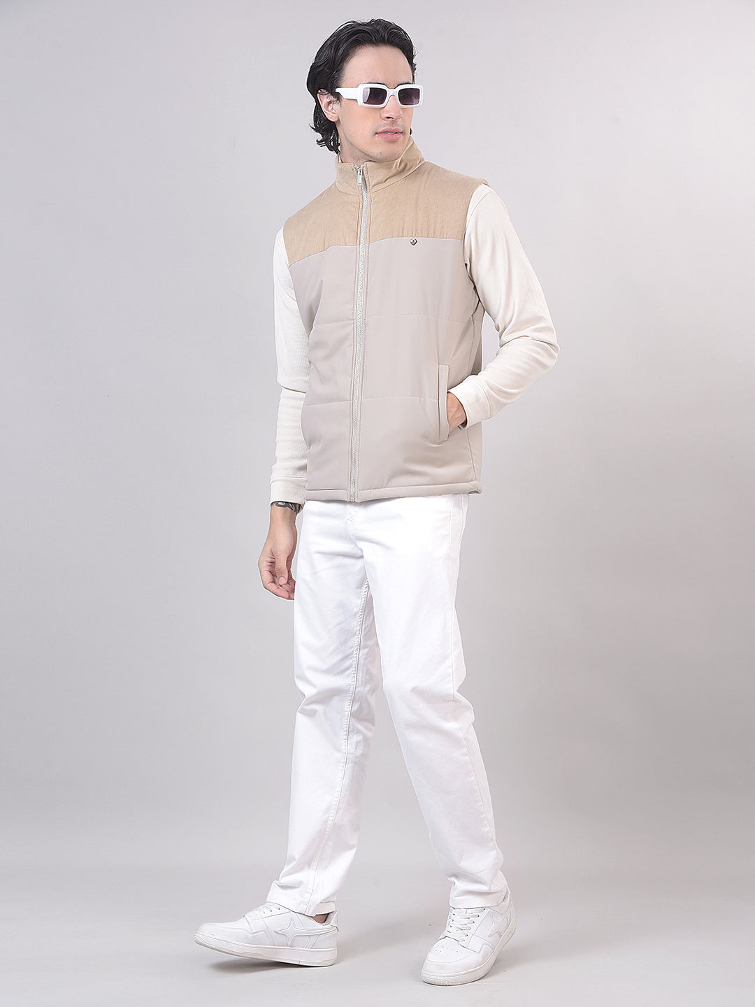 Beige Color-Block Sleeveless Jacket