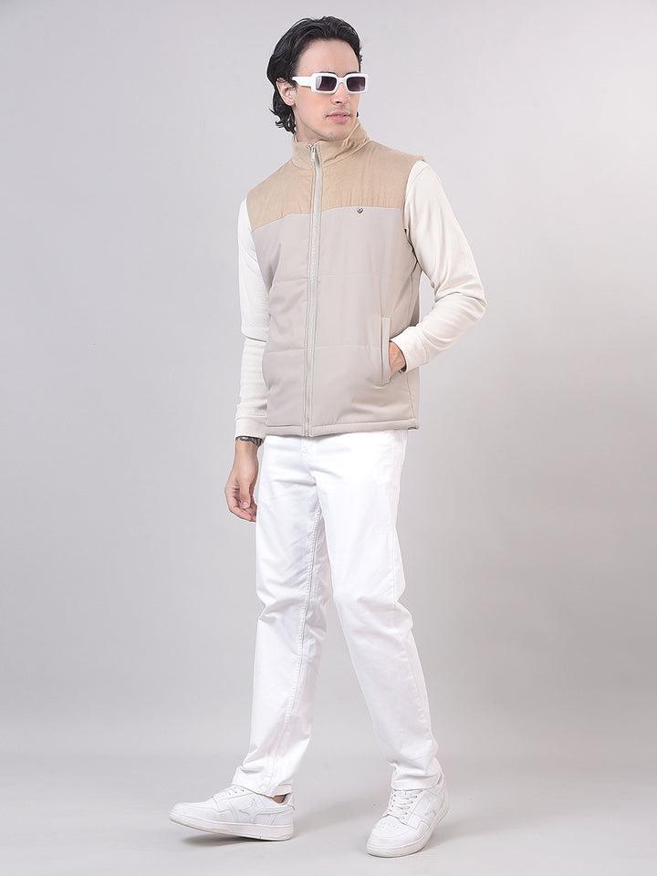 Beige Color-Block Sleeveless Jacket