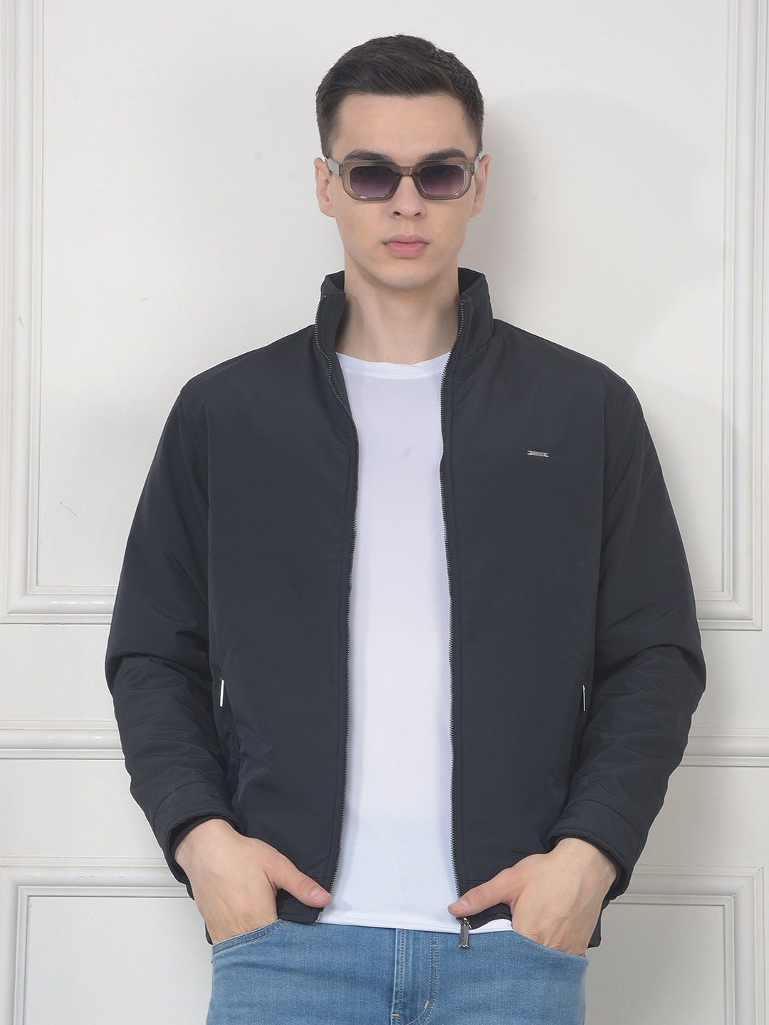 cobb solid navy mock collar jacket