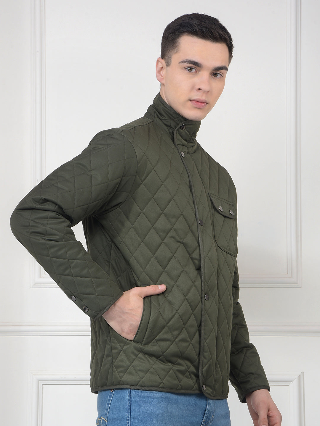 COBB GREEN SELF-DESIGN MOCK COLLAR JACKET
