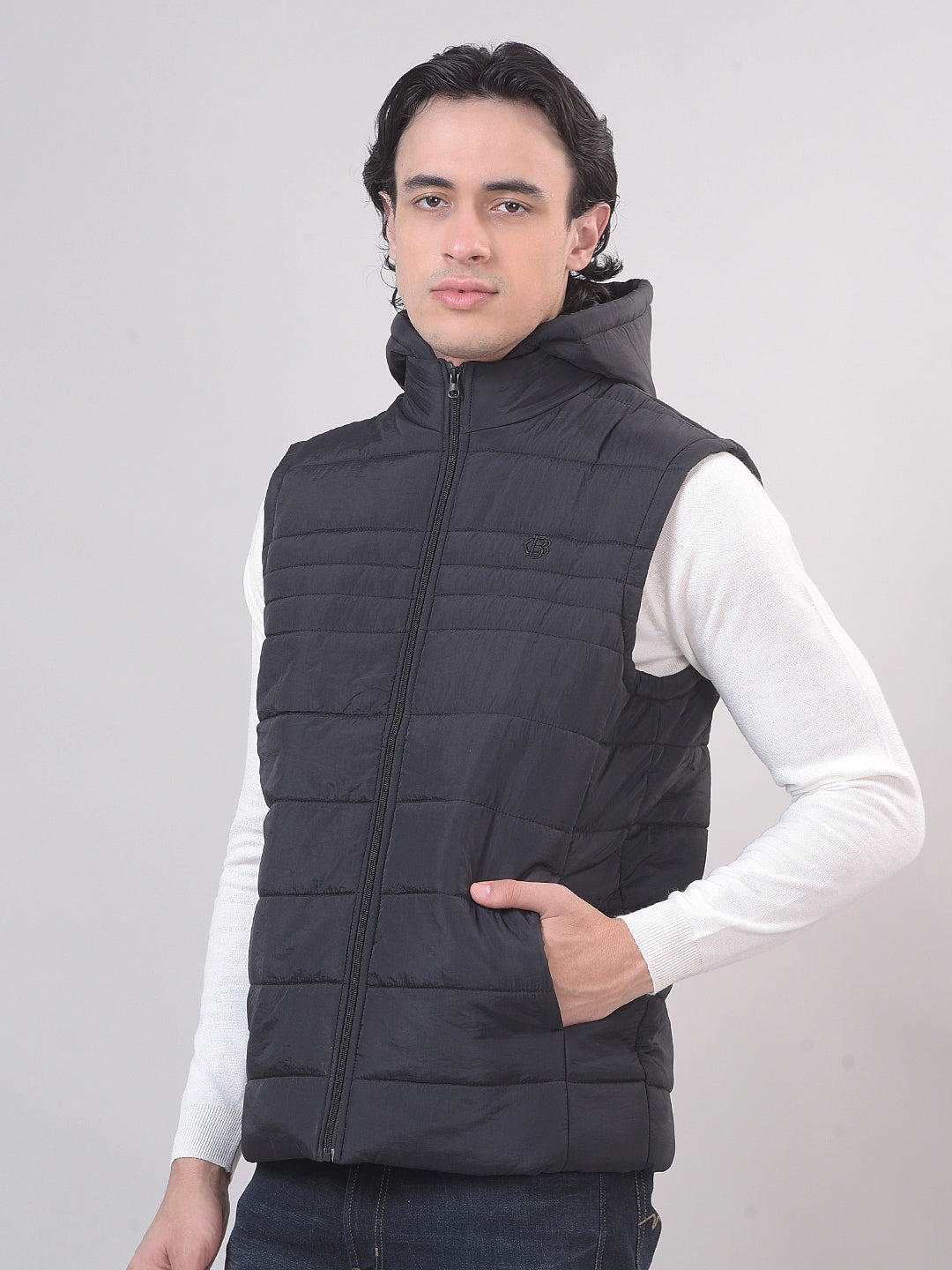 Black Solid Sleeveless Hooded Jacket