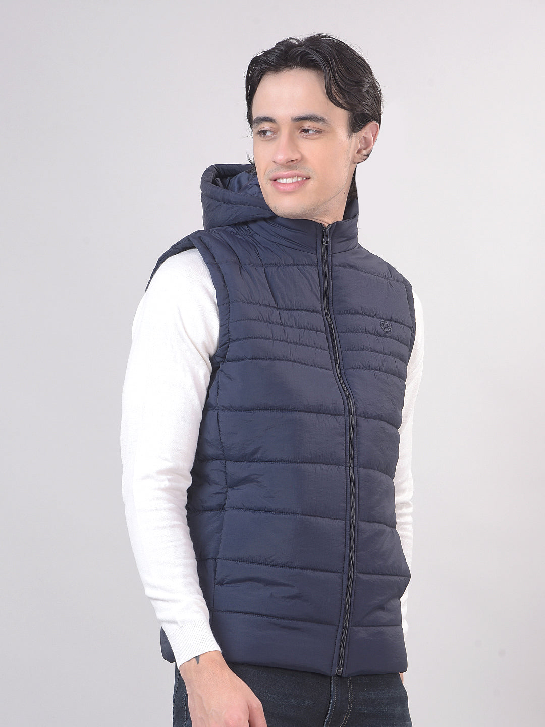 Navy Solid Sleeveless Hooded Jacket