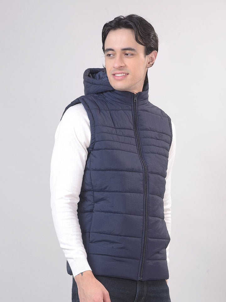 Navy Solid Sleeveless Hooded Jacket