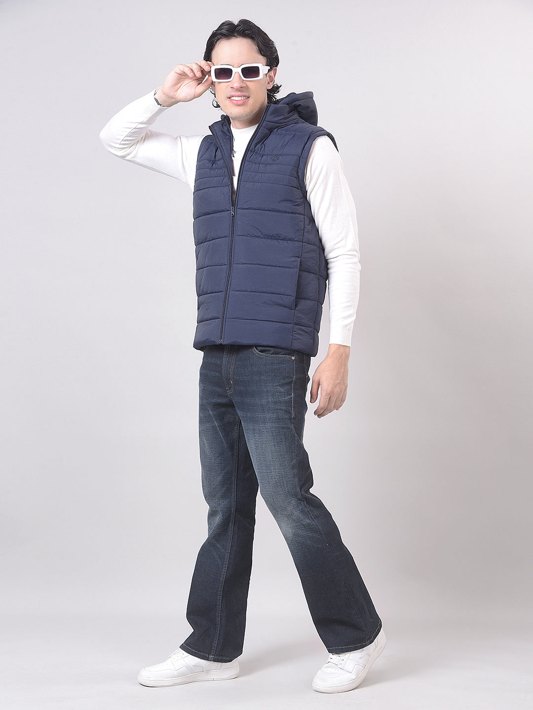 Navy Solid Sleeveless Hooded Jacket