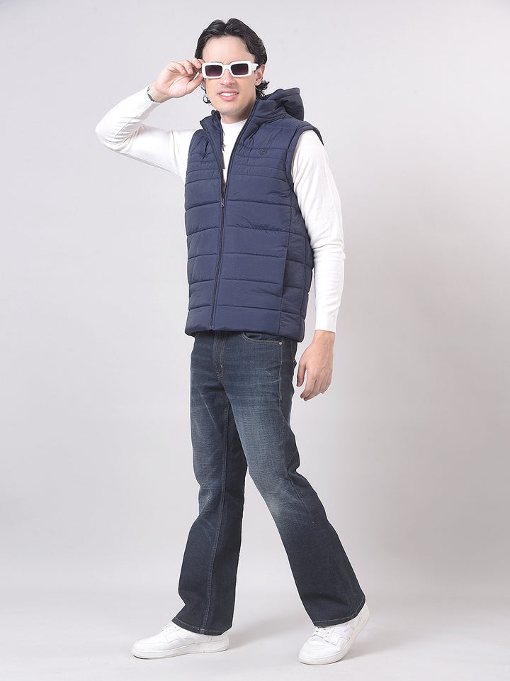 Navy Solid Sleeveless Hooded Jacket