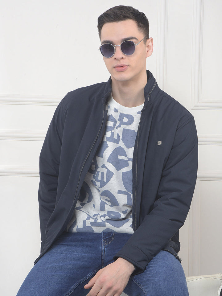 cobb navy checked mock collar jacket