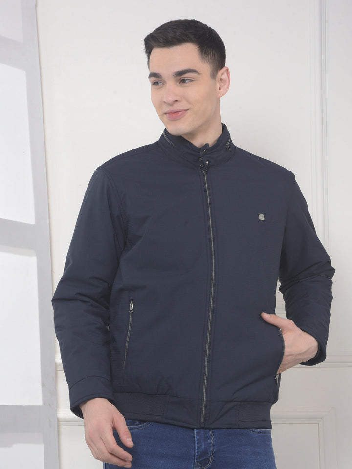 cobb navy checked mock collar jacket