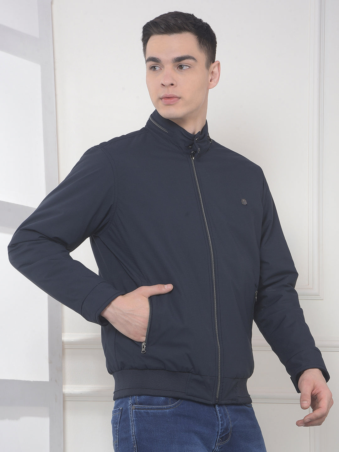 cobb navy checked mock collar jacket