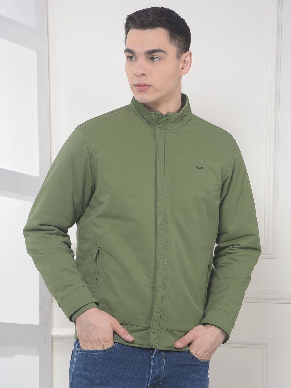 cobb solid green mock collar jacket