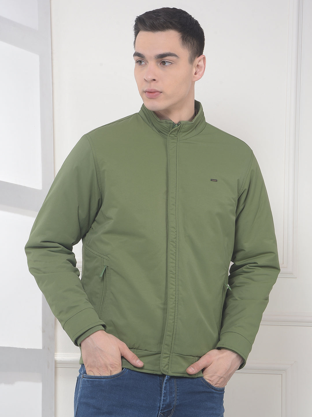 cobb solid green mock collar jacket