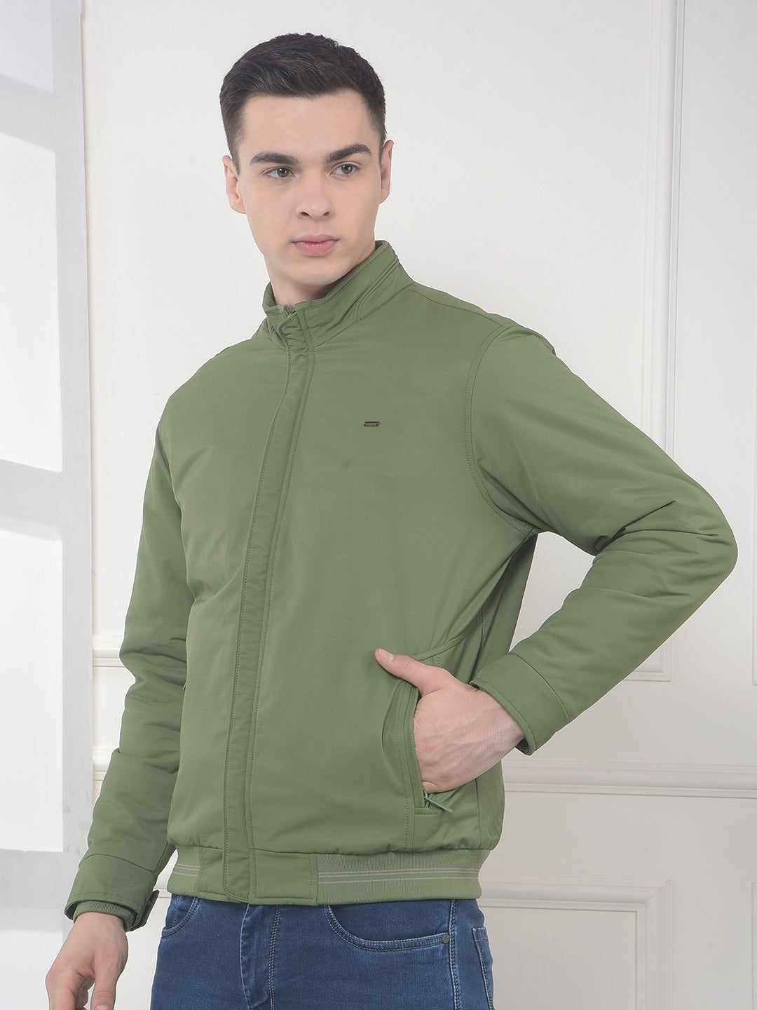 cobb solid green mock collar jacket