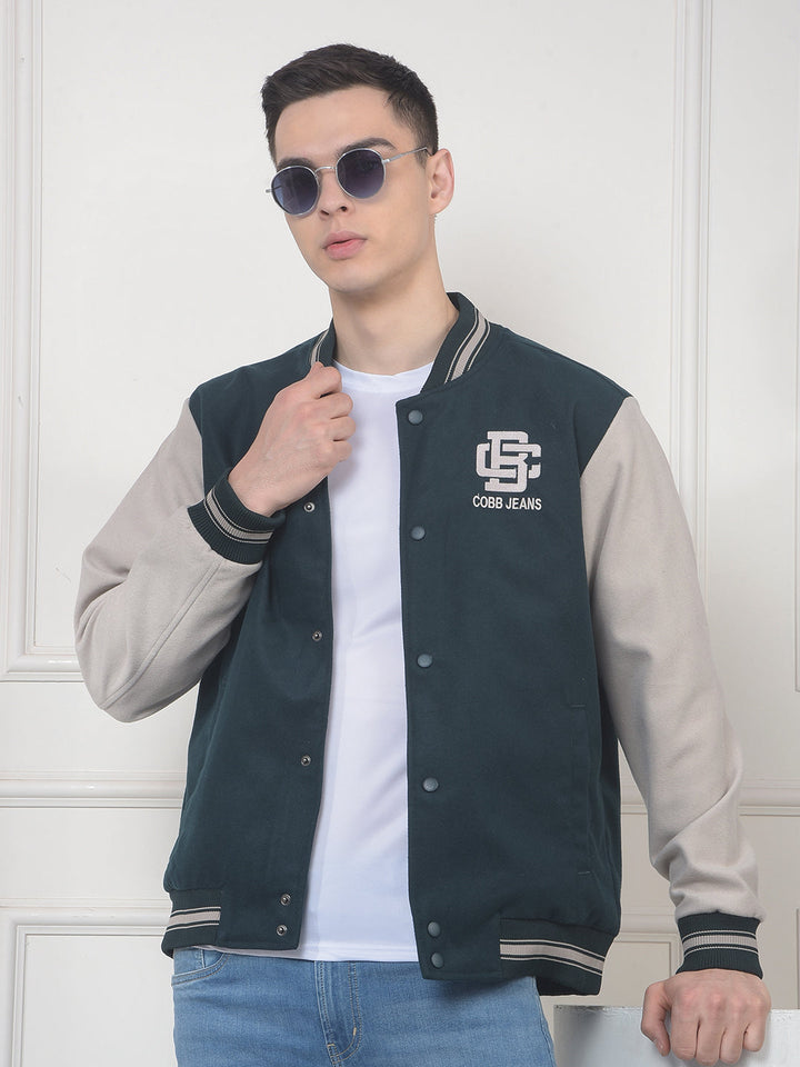 cobb bottle green printed varsity jacket