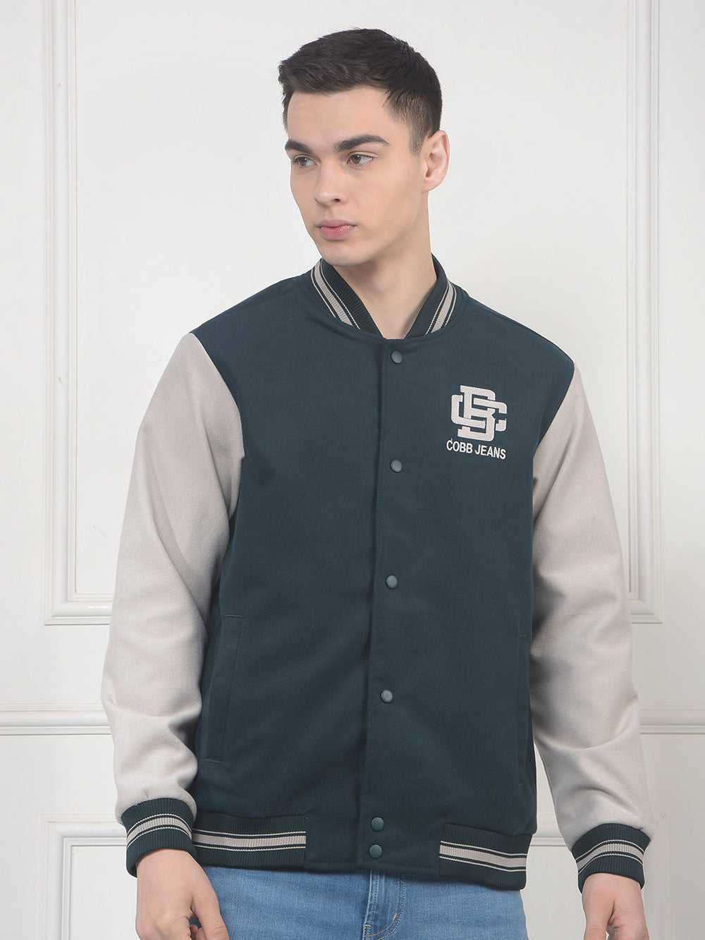 cobb bottle green printed varsity jacket