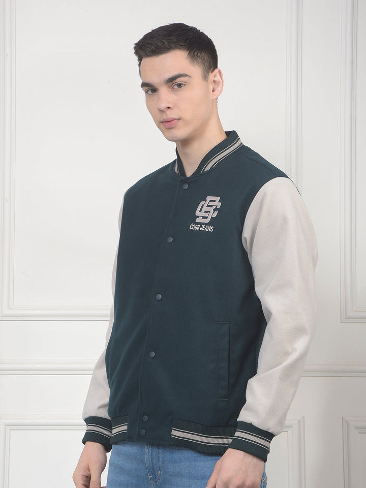 cobb bottle green printed varsity jacket