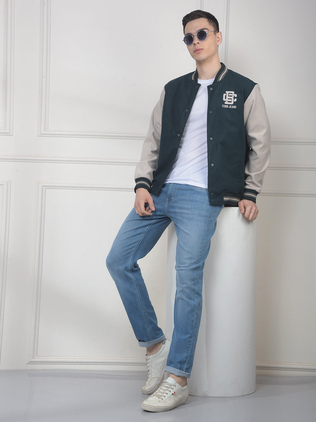 COBB BOTTLE GREEN PRINTED VARSITY JACKET