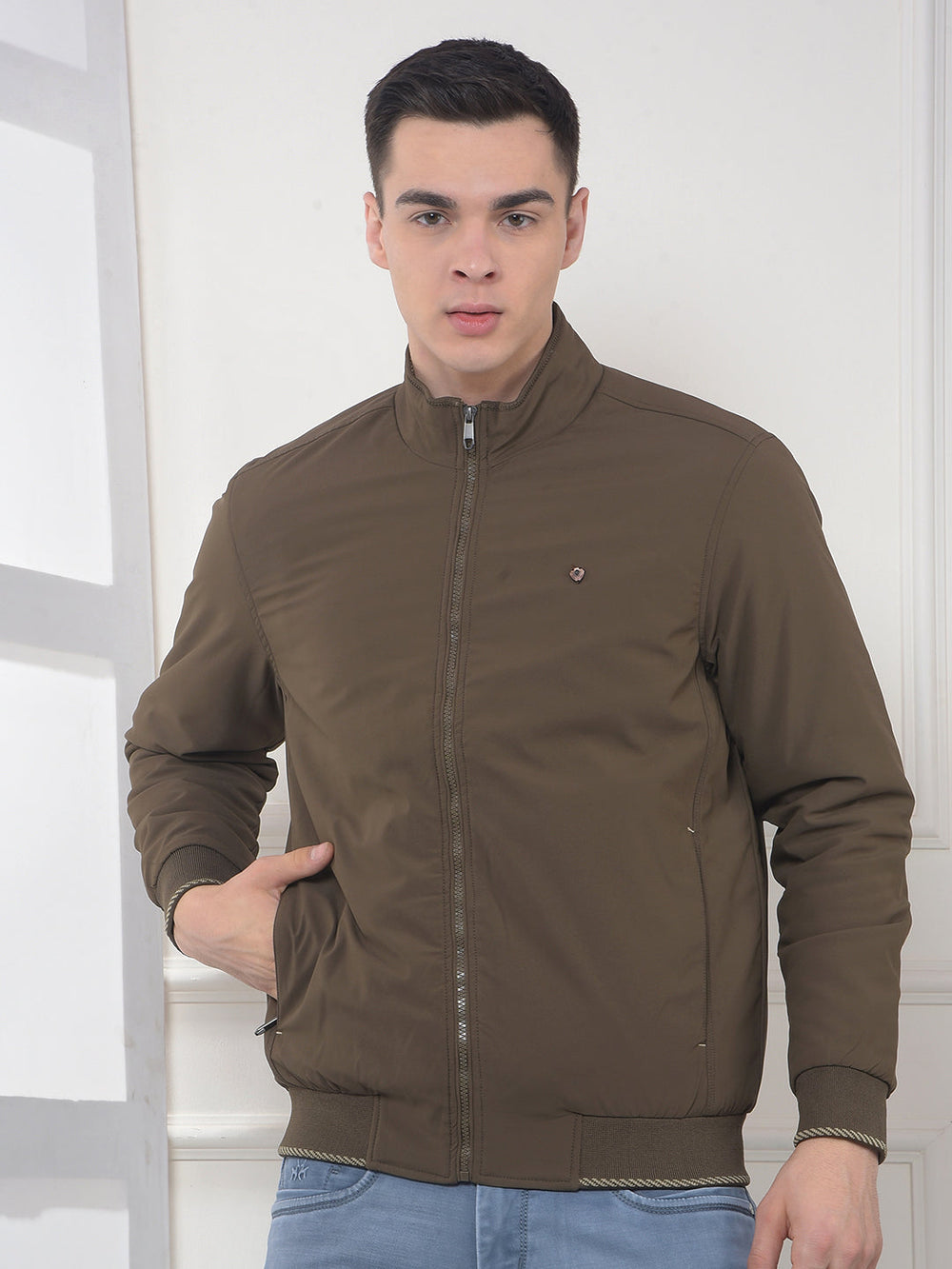 cobb solid brown mock collar jacket