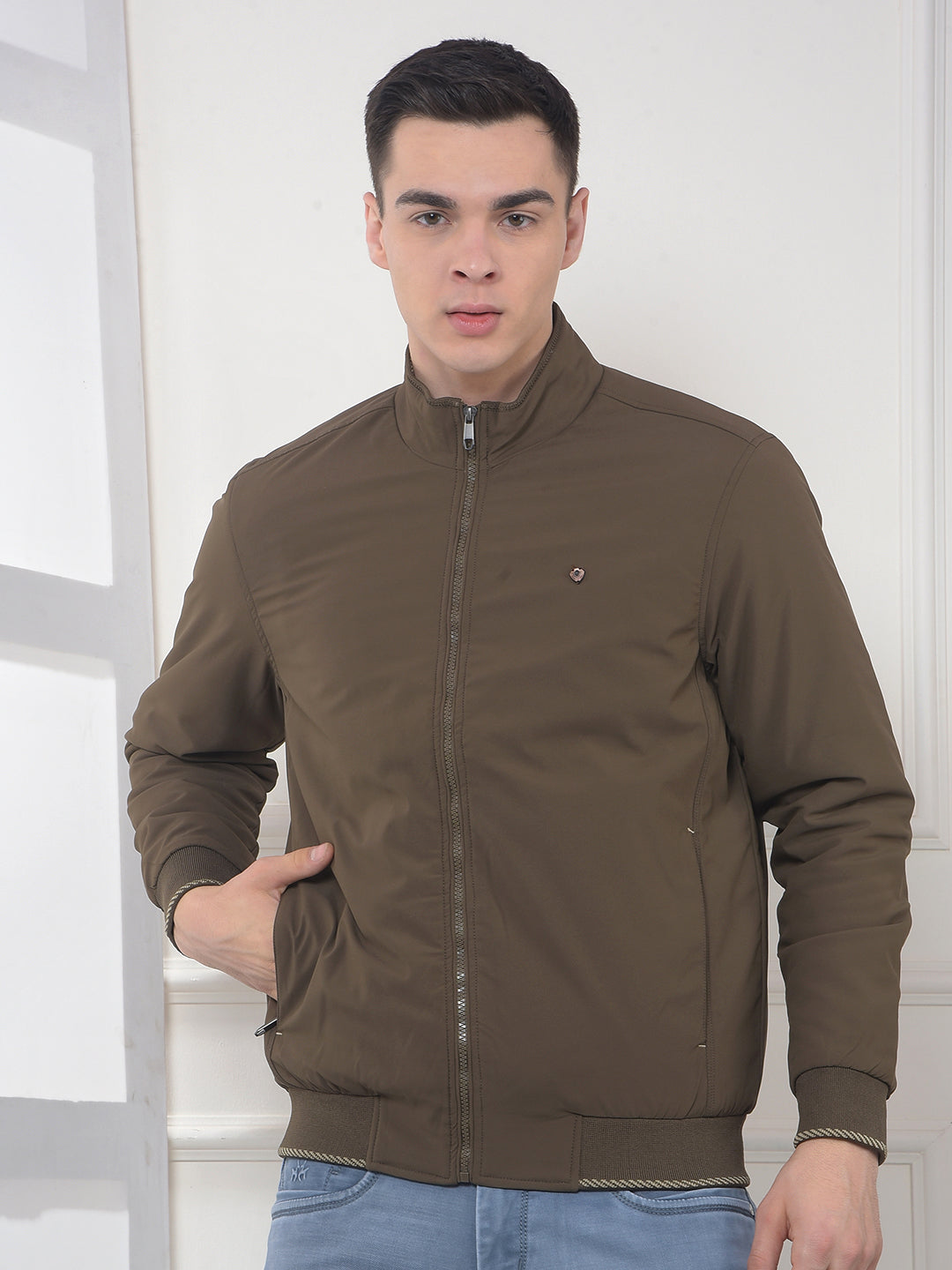cobb solid brown mock collar jacket