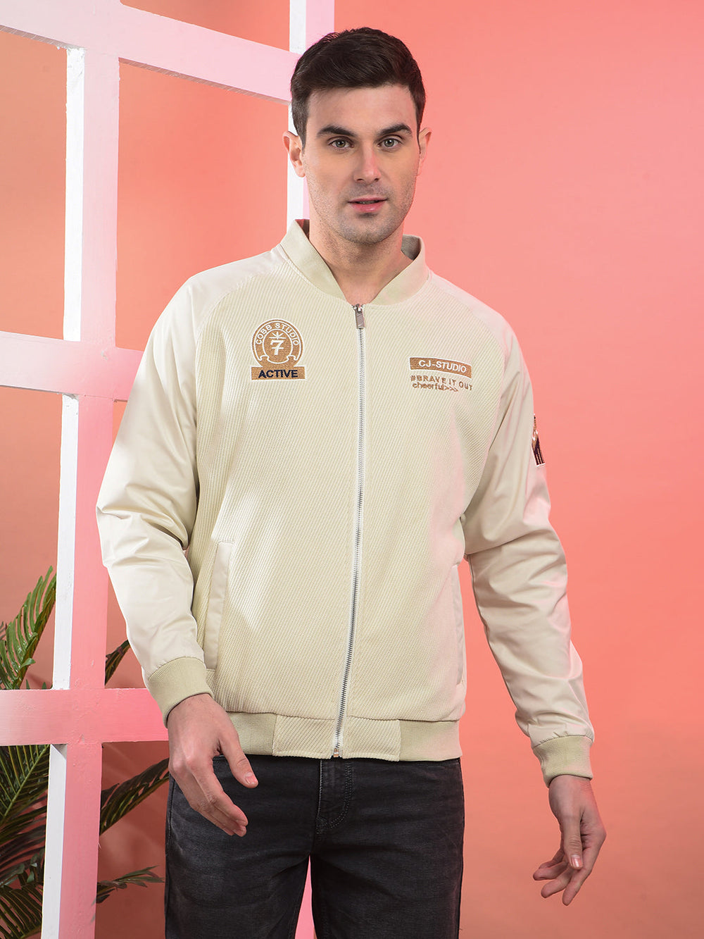 cobb beige self-design varsity jacket