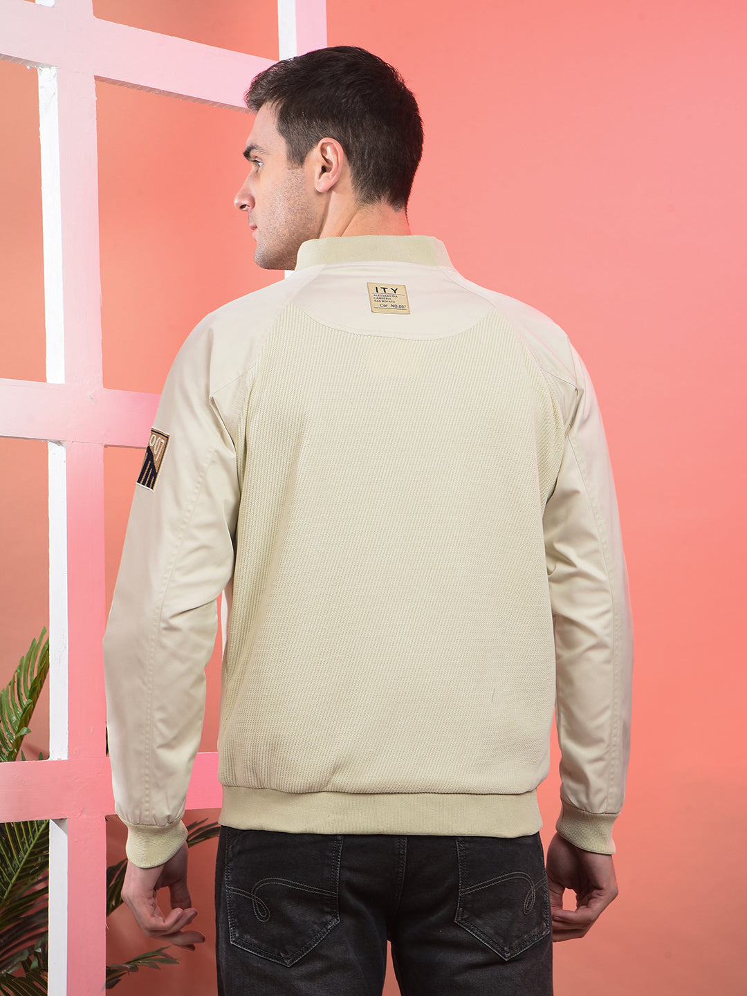 cobb beige self-design varsity jacket